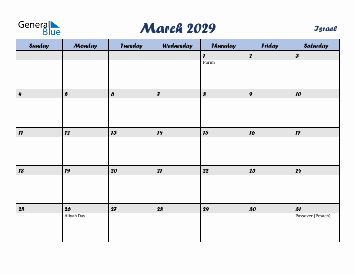 March 2029 Calendar with Holidays in Israel