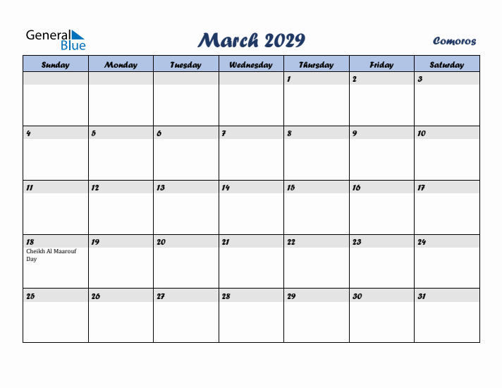 March 2029 Calendar with Holidays in Comoros
