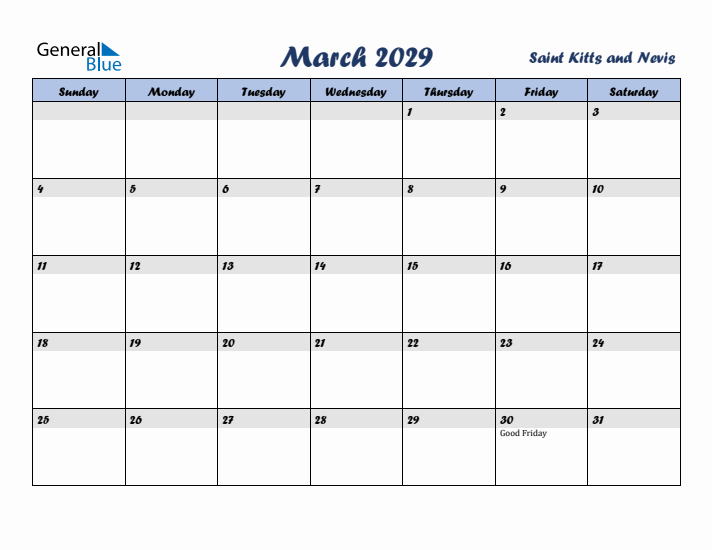 March 2029 Calendar with Holidays in Saint Kitts and Nevis