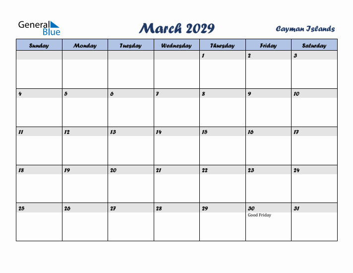 March 2029 Calendar with Holidays in Cayman Islands