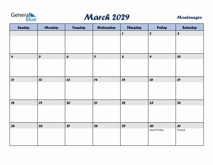 March 2029 Calendar with Holidays in Montenegro