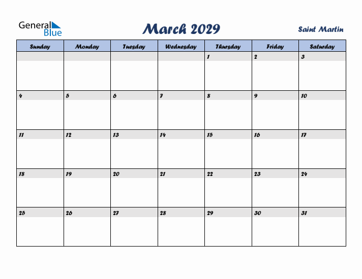 March 2029 Calendar with Holidays in Saint Martin