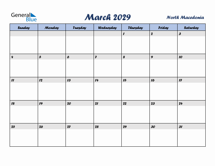 March 2029 Calendar with Holidays in North Macedonia
