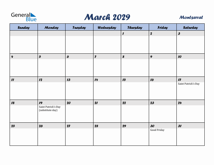 March 2029 Calendar with Holidays in Montserrat
