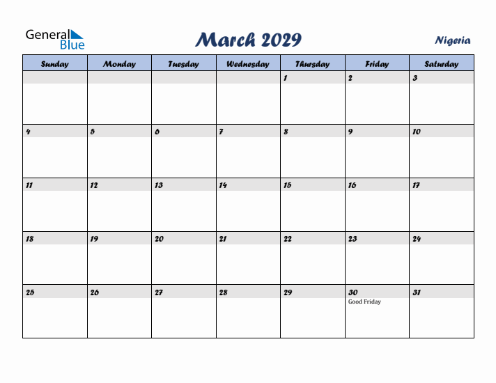 March 2029 Calendar with Holidays in Nigeria