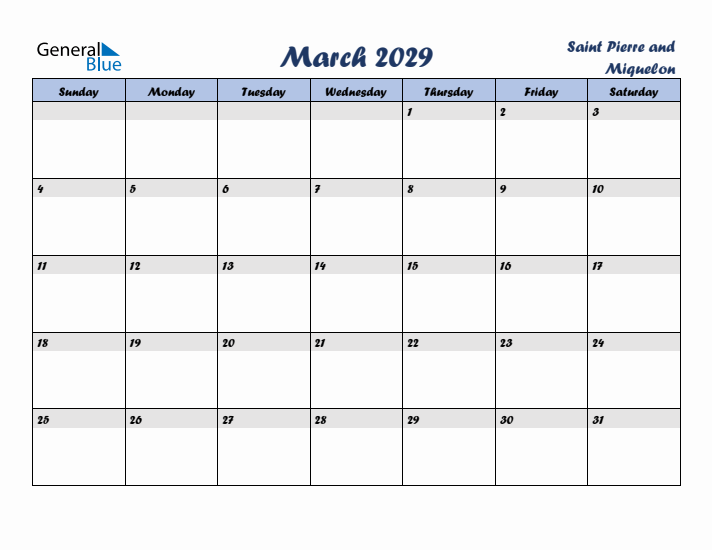 March 2029 Calendar with Holidays in Saint Pierre and Miquelon