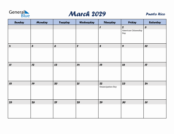 March 2029 Calendar with Holidays in Puerto Rico