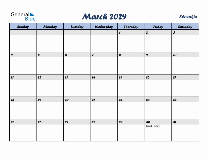 March 2029 Calendar with Holidays in Slovakia