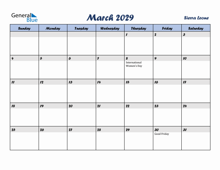 March 2029 Calendar with Holidays in Sierra Leone
