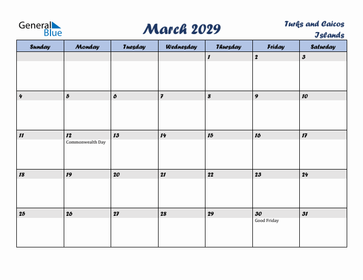 March 2029 Calendar with Holidays in Turks and Caicos Islands