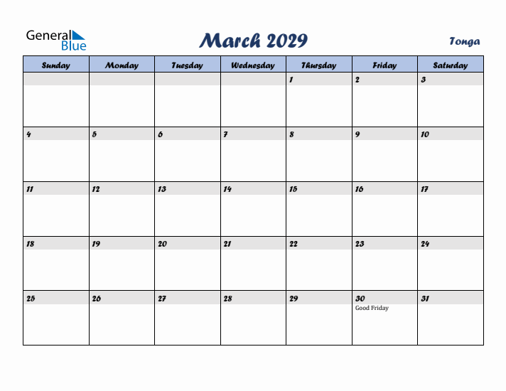 March 2029 Calendar with Holidays in Tonga