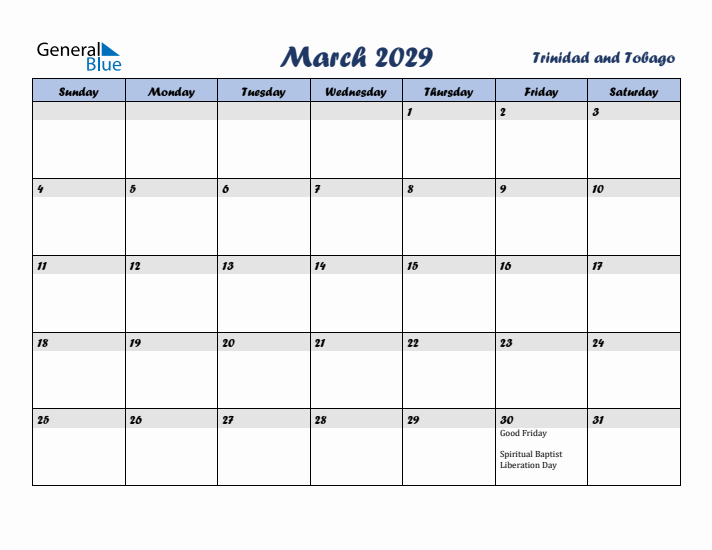 March 2029 Calendar with Holidays in Trinidad and Tobago