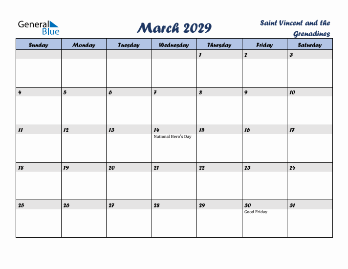 March 2029 Calendar with Holidays in Saint Vincent and the Grenadines