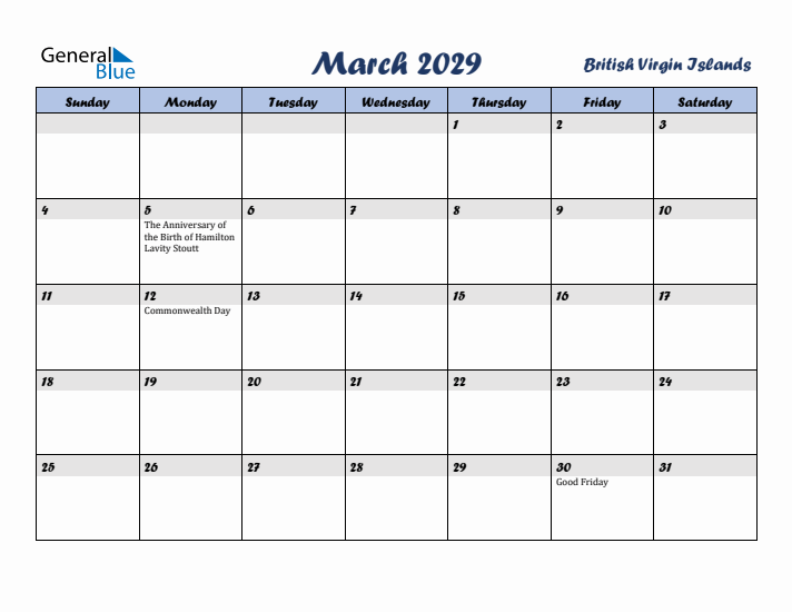 March 2029 Calendar with Holidays in British Virgin Islands