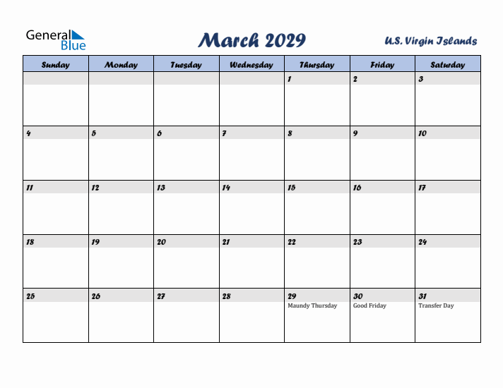 March 2029 Calendar with Holidays in U.S. Virgin Islands