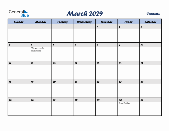 March 2029 Calendar with Holidays in Vanuatu