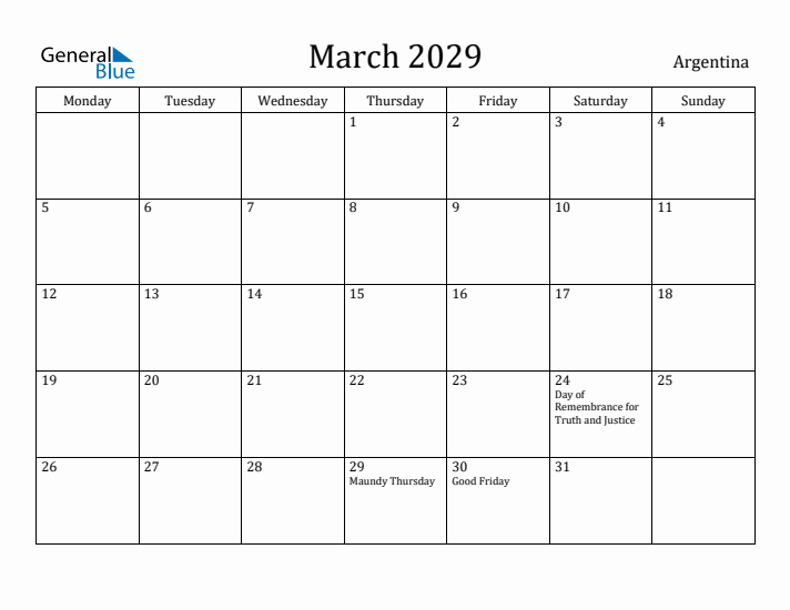 March 2029 Calendar Argentina