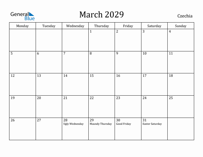 March 2029 Calendar Czechia