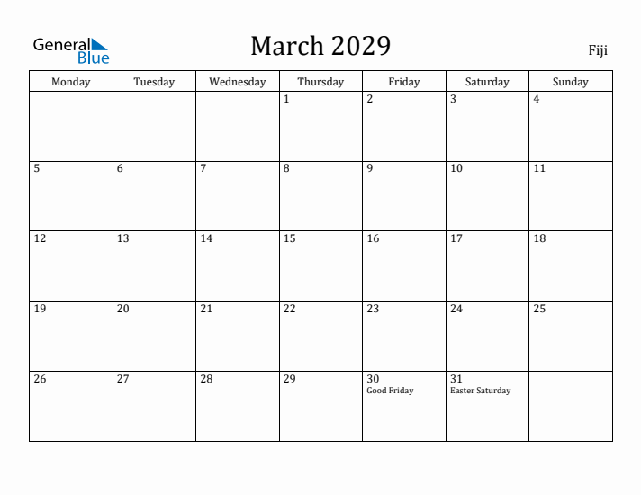 March 2029 Calendar Fiji
