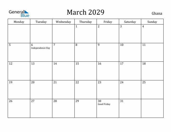 March 2029 Calendar Ghana