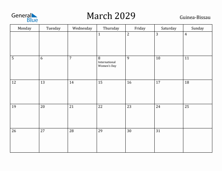 March 2029 Calendar Guinea-Bissau