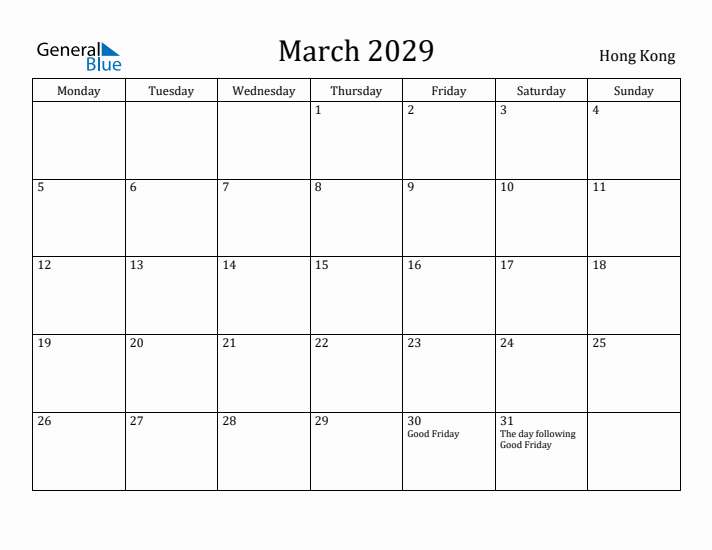 March 2029 Calendar Hong Kong