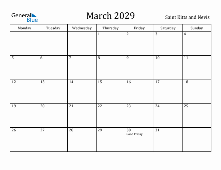 March 2029 Calendar Saint Kitts and Nevis