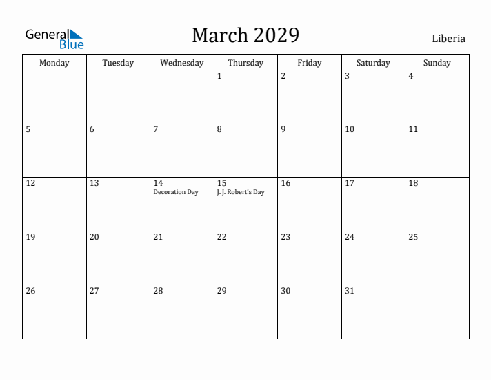 March 2029 Calendar Liberia