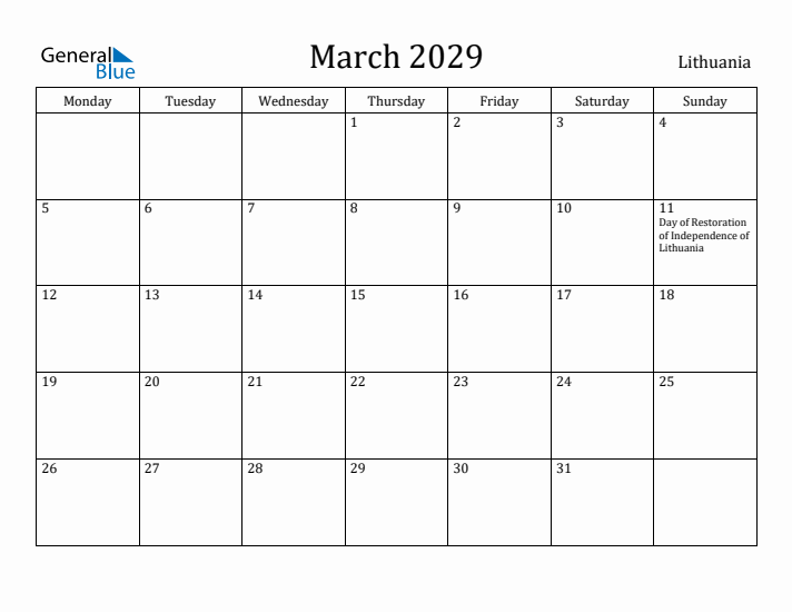 March 2029 Calendar Lithuania