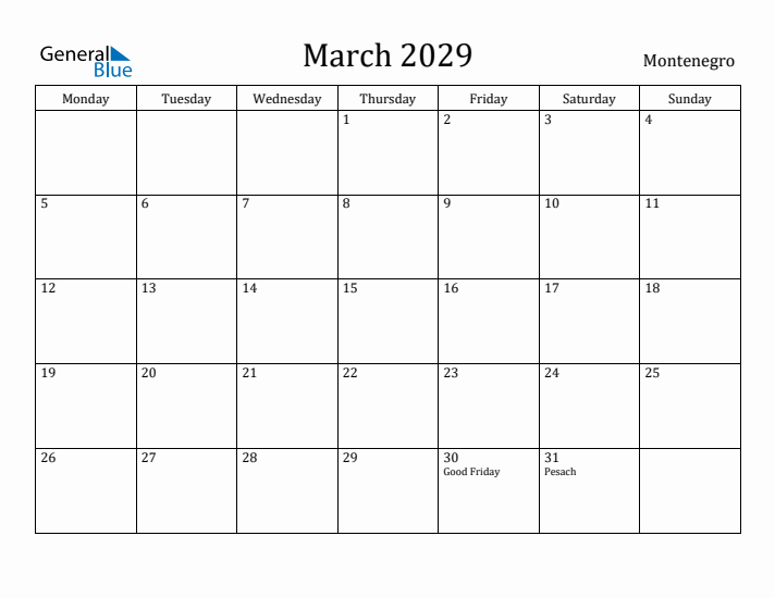March 2029 Calendar Montenegro