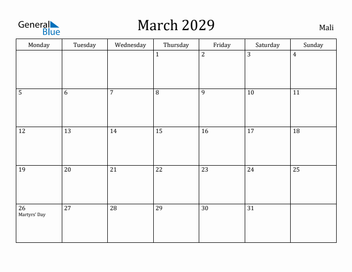 March 2029 Calendar Mali