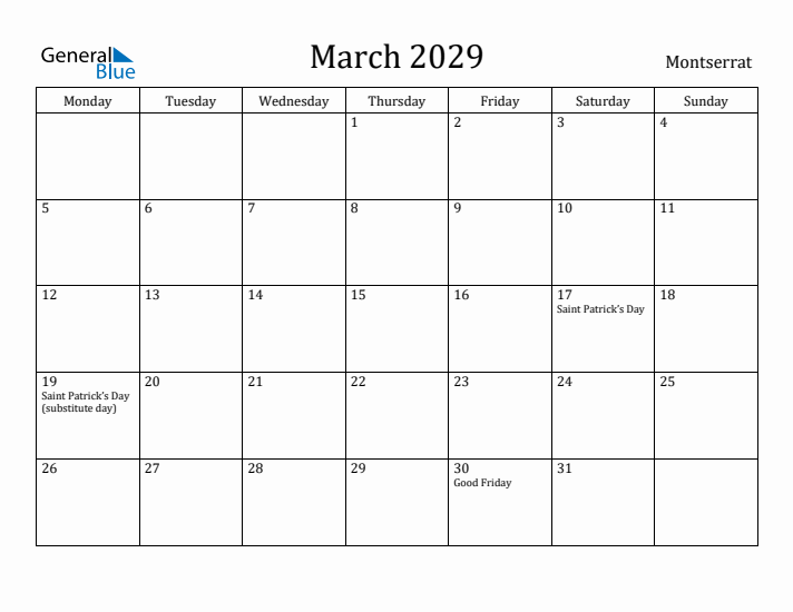 March 2029 Calendar Montserrat