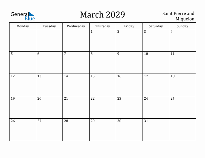 March 2029 Calendar Saint Pierre and Miquelon