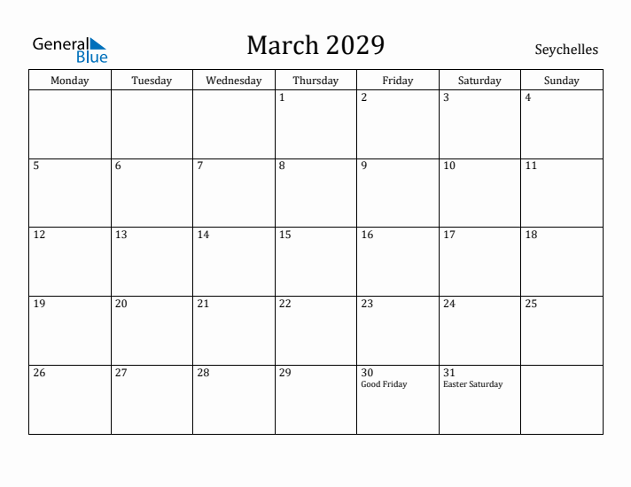 March 2029 Calendar Seychelles