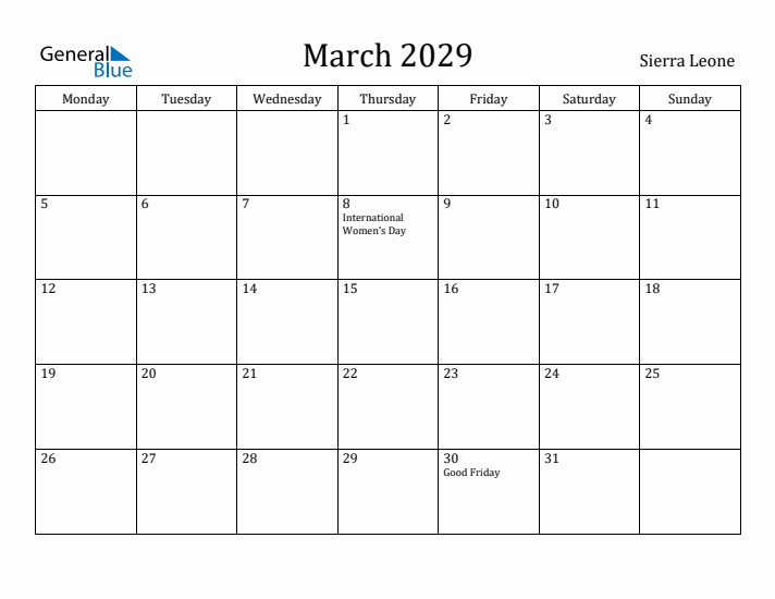 March 2029 Calendar Sierra Leone