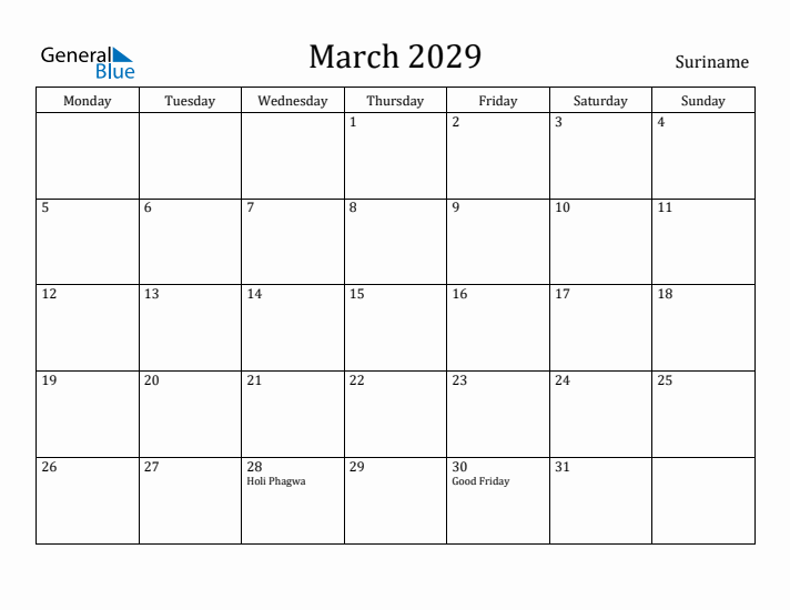March 2029 Calendar Suriname