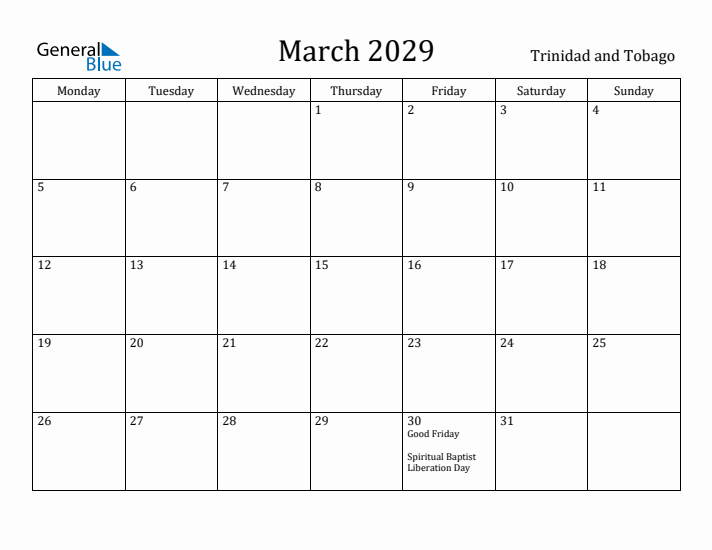 March 2029 Calendar Trinidad and Tobago