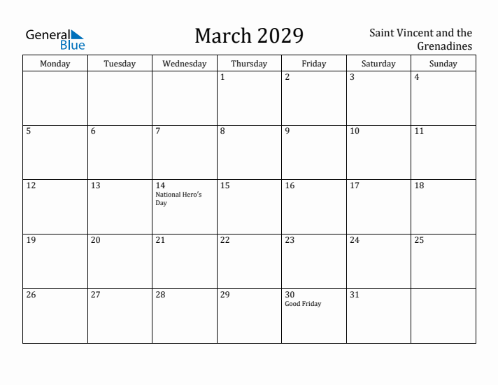 March 2029 Calendar Saint Vincent and the Grenadines