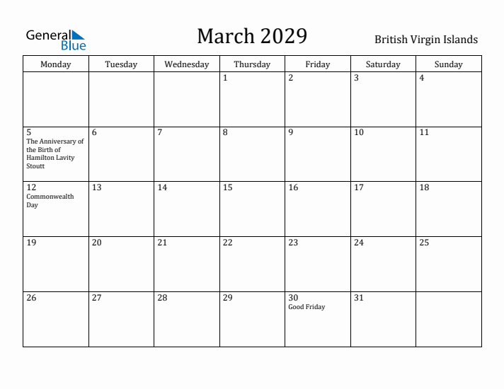 March 2029 Calendar British Virgin Islands