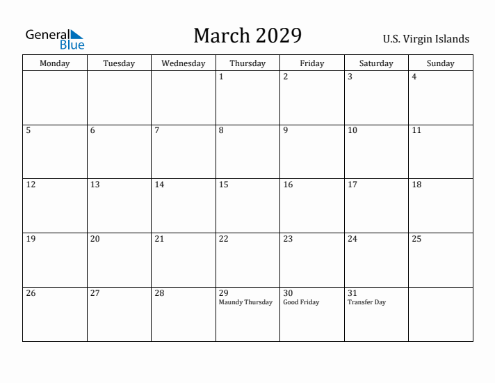 March 2029 Calendar U.S. Virgin Islands