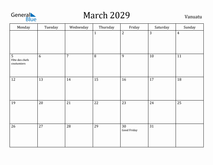 March 2029 Calendar Vanuatu