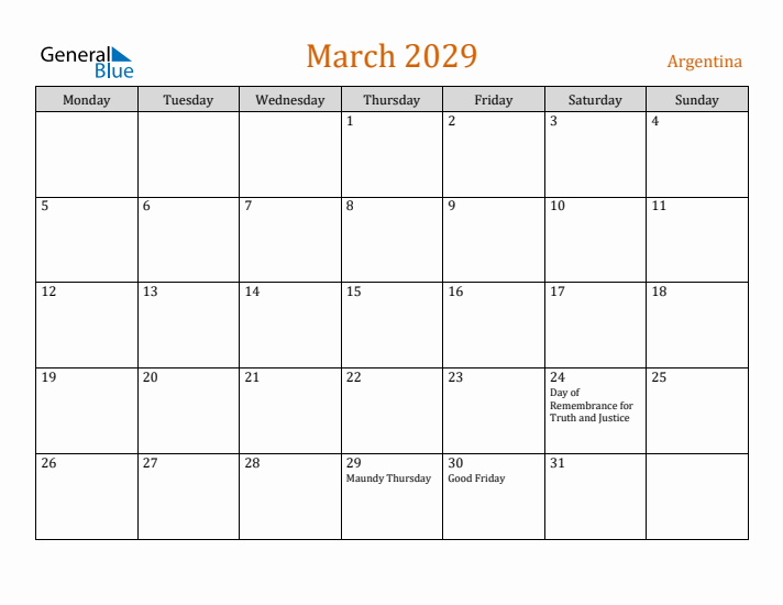 March 2029 Holiday Calendar with Monday Start