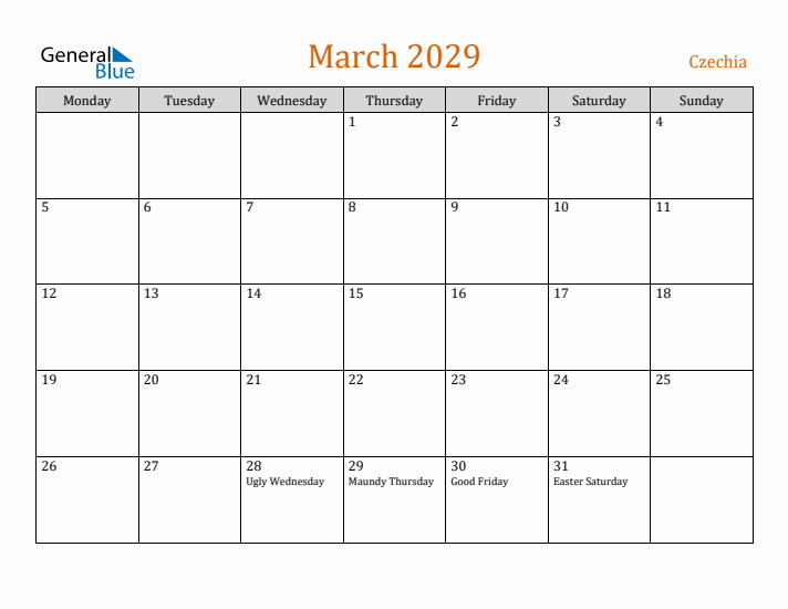 March 2029 Holiday Calendar with Monday Start