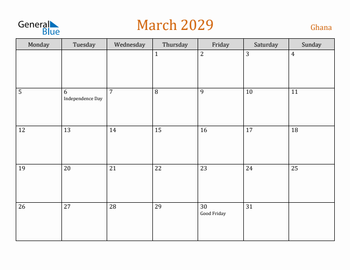 March 2029 Holiday Calendar with Monday Start