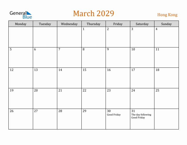 March 2029 Holiday Calendar with Monday Start