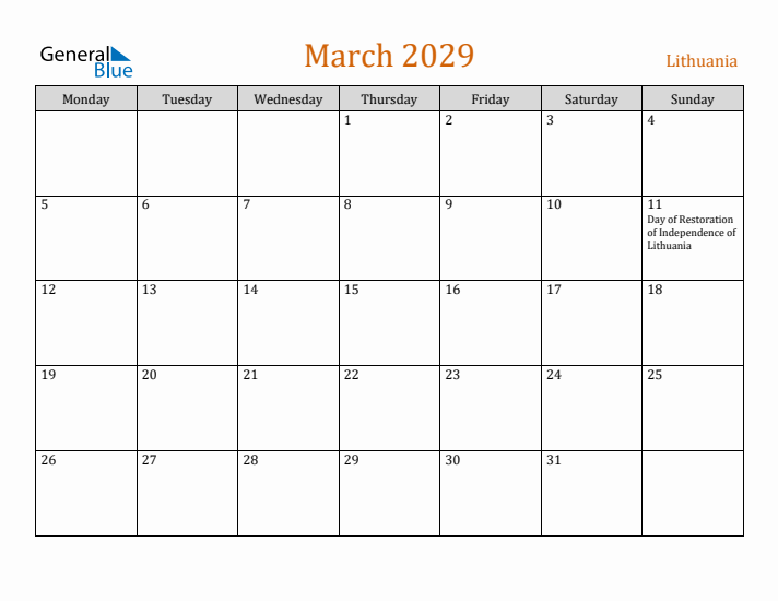 March 2029 Holiday Calendar with Monday Start