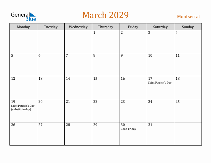 March 2029 Holiday Calendar with Monday Start