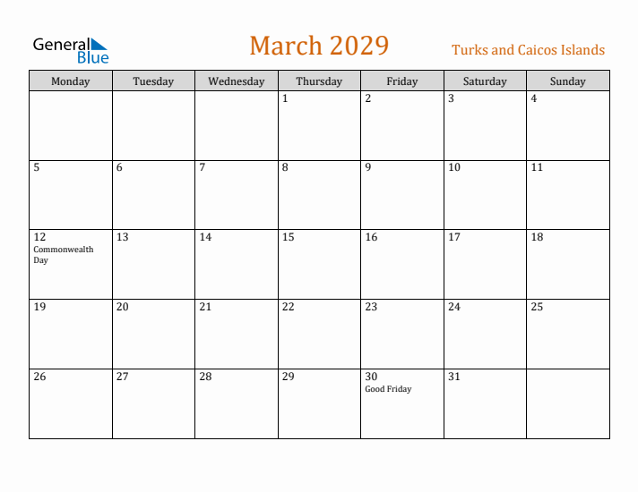 March 2029 Holiday Calendar with Monday Start