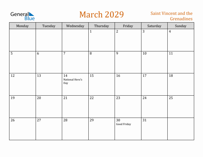 March 2029 Holiday Calendar with Monday Start