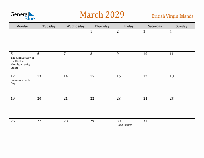March 2029 Holiday Calendar with Monday Start